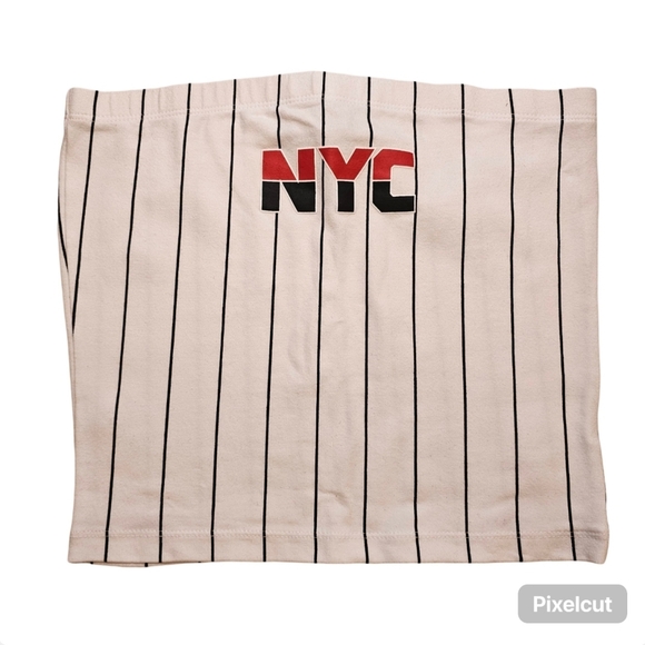 Forever 21 white with blue stripes NYC cotton blend stretch knit tube crop top S - Picture 1 of 4